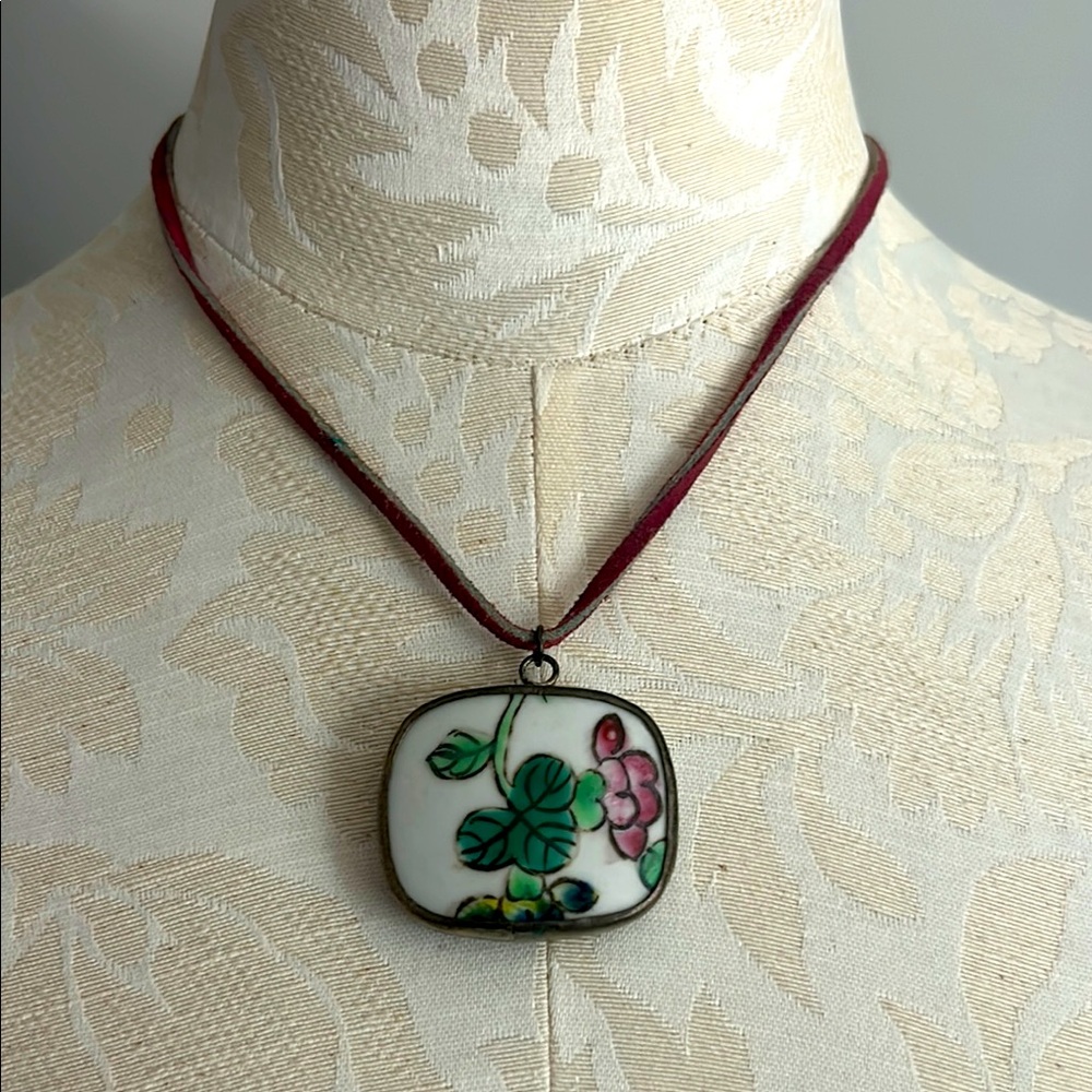 Floral Pendant Necklace with Leather Cord